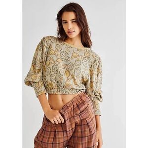 Free People Floral Puff Sleeve NO ORDINARY Top Women’s M Oatmeal Combo Gorgeous!